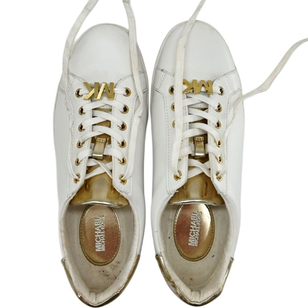 Michael Kors Poppy Metallic Gold Trim White Sneakers Size 8 - Picture 8 of 10